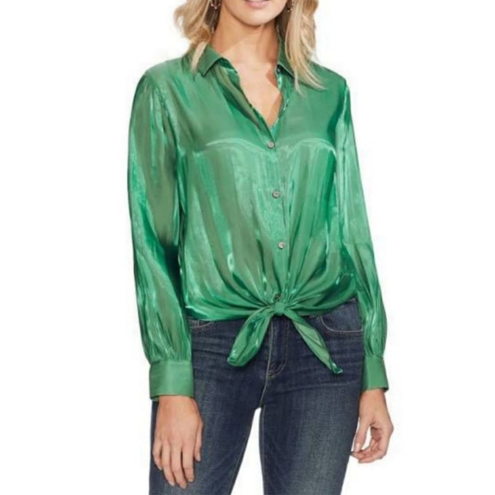 Vince Camuto Green Iridescent Button Down Long Sleeve Tie Front Shirt (M)